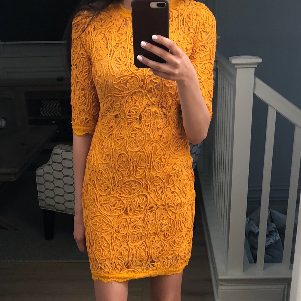 Yellow lace detail sleeved dress
